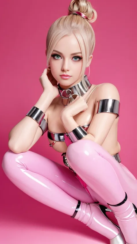 sexy quadruplet girls,blonde hair,space buns,pink latex shirt,button-down latex shirt,latex top with details,blue latex,white la...