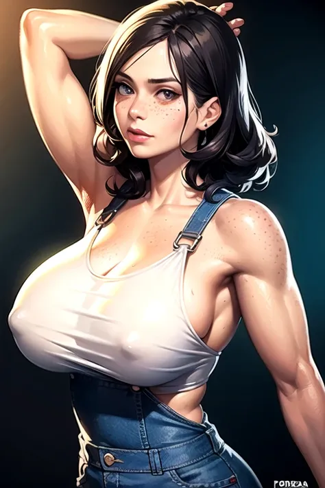 An illustration depicting a girl with curly brown hair and freckles. She is wearing mechanic overalls with a white t-shirt underneath, revealing her muscular shoulders. She has grease on her face, adding a realistic touch to her appearance. In one hand, sh...