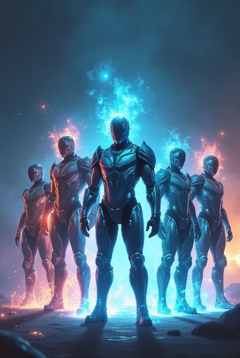 "Create an image of the Land of the Halogens, showcasing a dynamic, futuristic environment filled with flickering lights and vivid energy. Fluorine (F) and Chlorine (Cl) are portrayed as armored beings with sleek, metallic suits that shine with electric sp...