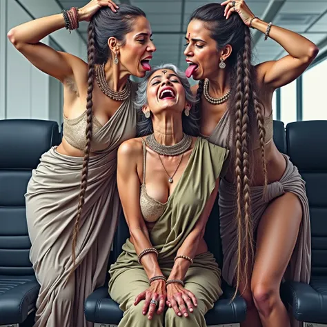 in india modern office,total 3 india eldery ladies involving and licking their hairs of each others wildly,first 60 years old eldery indian lady kneeled with her oil smeared conrowed braided hair wears saree with out blouse,second 60 years old lady from be