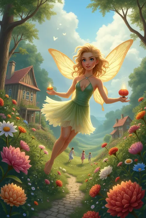  I want to paint a picture of a fairy who has magical powers in the garden full of flowers and houses everywhere in background kids are playing 