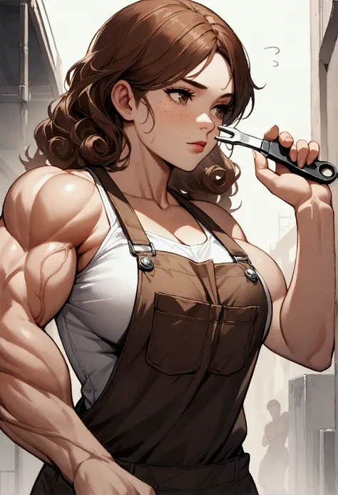 a girl with curly brown hair and freckles. She is wearing mechanic overalls with a white t-shirt underneath, revealing her muscular shoulders. She has grease on her face, adding a realistic touch to her appearance. In one hand, she holds a wrench, while wi...