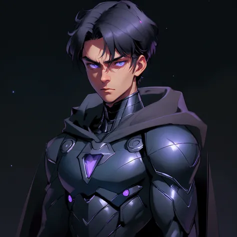 envision a 8k, highres, cinematic close up portrait of an Short man with a strong face, sleek skinny body, clean shaved, with short slick black hair, and dark blue eyes wearing a black superhero suit with purple lights and metallic attachments and a long c...