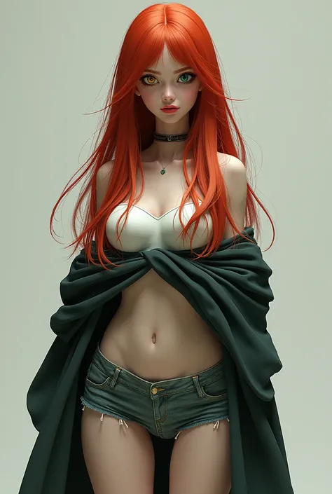 Girl with long red hair, golden right eye and green human skeleton eye, medium breasts, wearing a cloak that is held between the breasts, short shorts, wearing a top