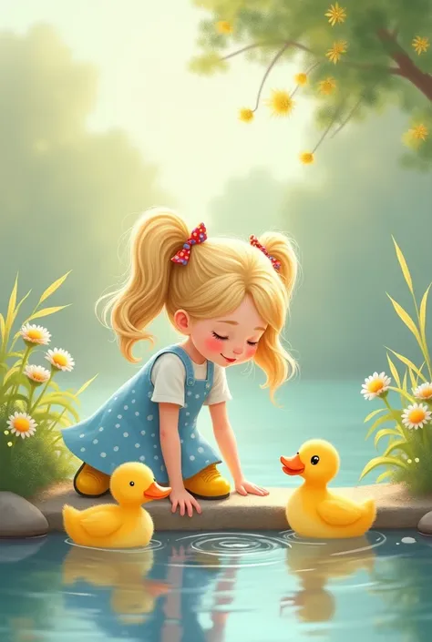 A gentle  girl with long, wavy light blonde hair in two high ponytails secured with colorful hair ties, wearing her light blue dress with white polka dots and yellow shoes, kneeling by a small, softly outlined pond, gently touching the water with a serene ...