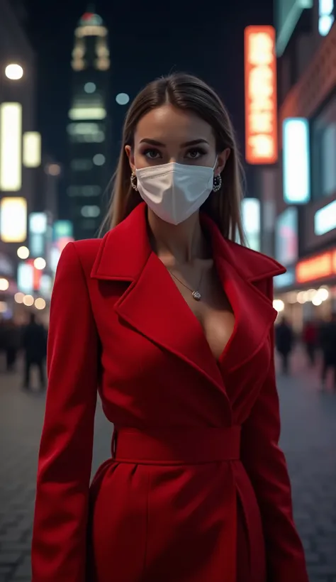 Beautiful woman in a red coat、White mask on the mouth、City of night