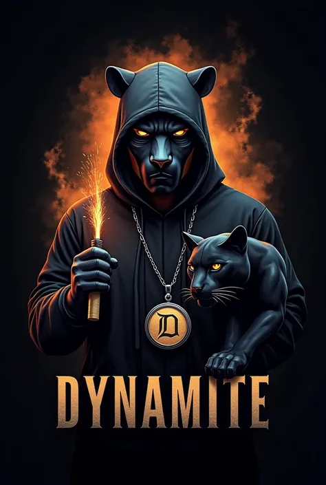 create a logo for dynamite it want to be realistic and it is blasting with a masked man holding a dynamite in his hand with a black panter and black panter is wearing a locted written dynamite