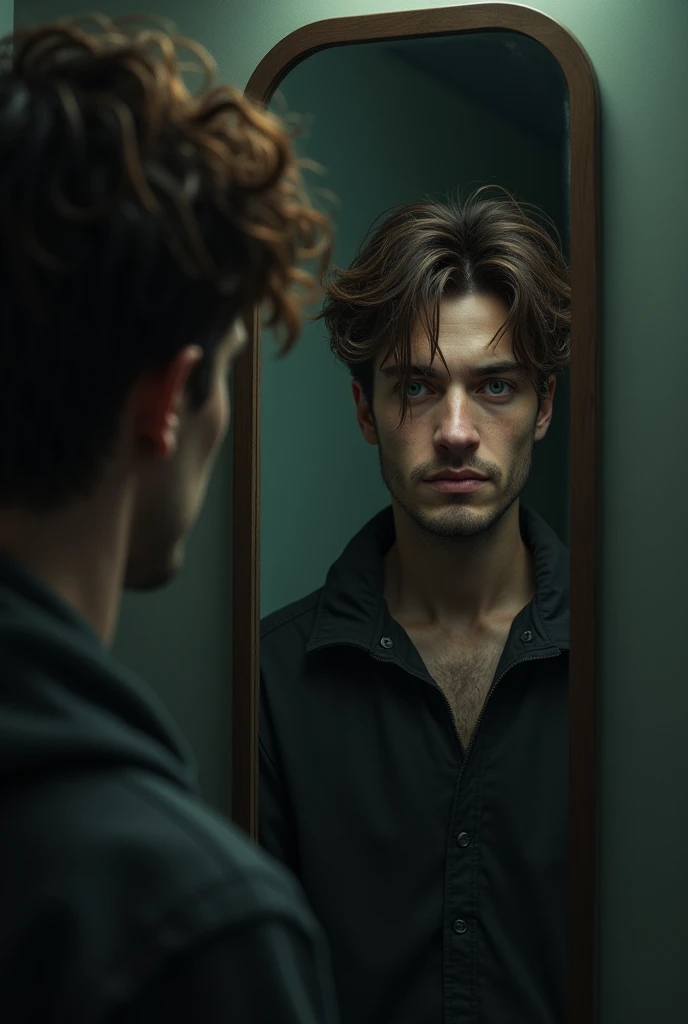 home se olhando no espelho, brown hair, messy hair, empty eyes, sad, facial hair, atmospheric perspective, Realism, UHD