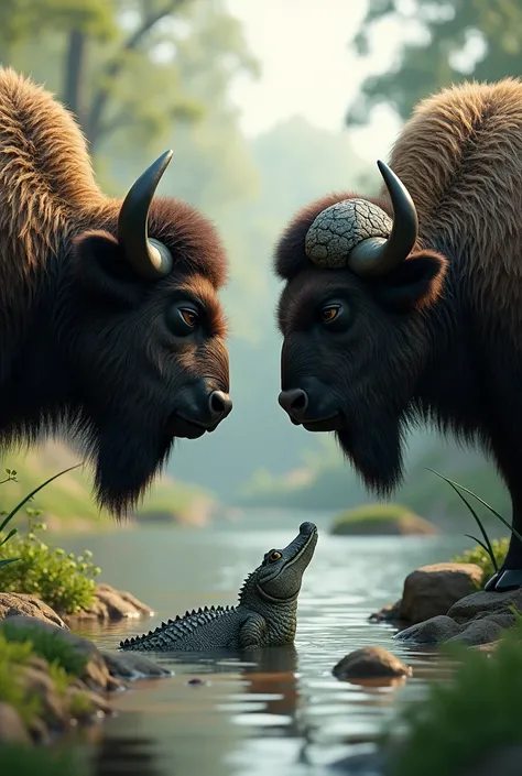 Two Buffaloes in 3D drawing,  looking at the alligator 