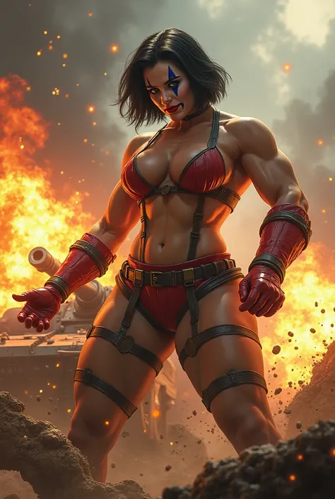 Beautiful girl short black hair green eyes smiling painted like a clown short hair blue eyes BBW big ass big breasts boots muscled naked destroys and splits a tank in two with super strength while the projectiles and bombs and bullets fired at her bounce o...