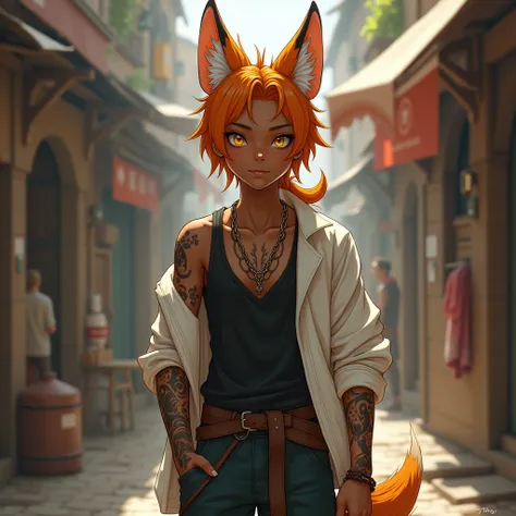 handsome 15yrs old 1 boy with orange medium hair and lower ponytail and yellow eyes and fox ears, dark skin, tribal tattoo, off shoulder white jacket, black sleeveless shirts with crossed body leather belt, leather sandal, necklace, standing on the messy b...