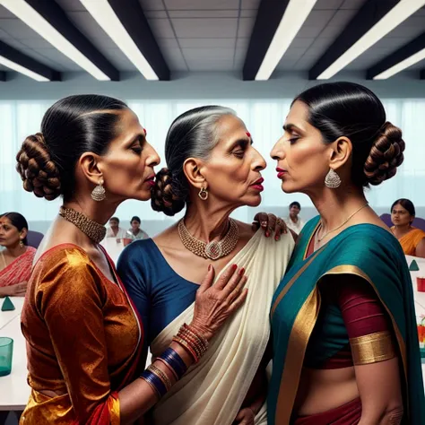 in the road, two mature indain ladies in sarees,kissing,their straight bottom curl bob length hair made in to scalp curl slick m...