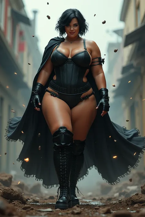 Beautiful girl short black hair smiling painted sexy short hair blue eyes BBW big ass big boobs boots muscled lingerie boots cape smiling .They shoot many bullets at him, making bullet holes all over his indestructible body, arms on hips 