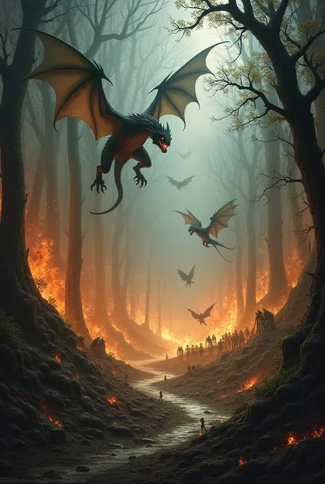 A magical, enchanted RPG forest being burned by dragons and destroyed by orcs, undead and skeletons 