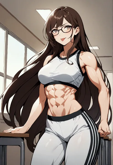 An illustration depicting a brunette teacher with very long hair, and a pair of glasses. She’s standing proudly in a classroom. She has a confident expression, very proud of herself and somewhat arrogant. Her tongue is out. Her shirt is open, revealing her...