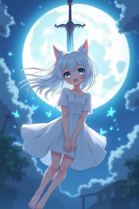 I want an anime character with white hair, blue eyes, cat ears, smiling in the air in front of the full moon, with a sword above his head, holding his hands, a white shirt and a blue aura around him.