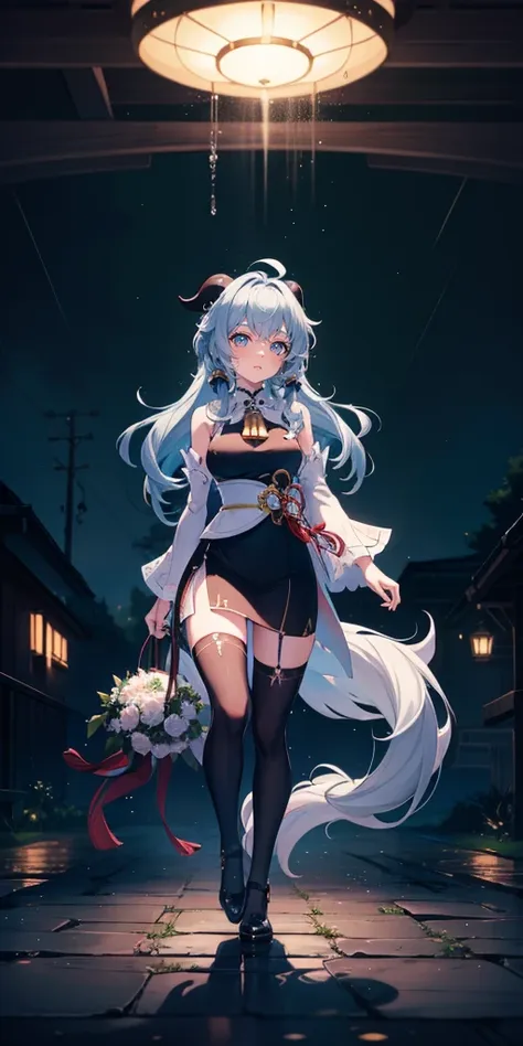 uhd, textured skin, good quality, High details, ​masterpiece, best quality, (Amazingly absurd:1.2), (​masterpiece:1.2), fluffy, ganyu girl, 1 fox girl, turning around, cute long black dress, looking sad, looking down, crying, tears, glowing eyes, shining h...