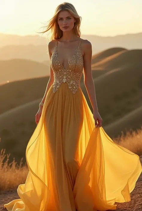 gold dress, far away, bonitas, chic, facing the front 