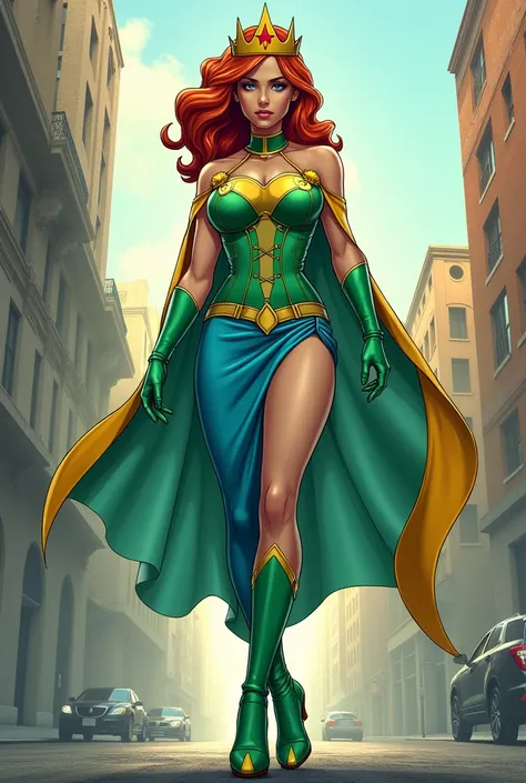 create a comic book superheroine, with blue skirt, green corset blouse, light green tights, green high heel high top shoes, yellow tiara with red star, honey colored hair, at 