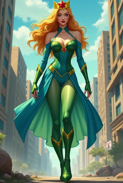 create a comic book superheroine, with blue skirt, green corset blouse, light green tights, green high heel high top shoes, yellow tiara with red star, honey colored hair, at 