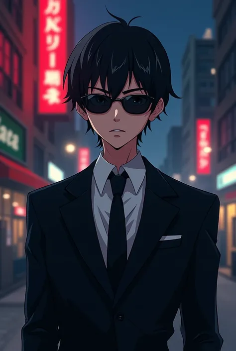 Mafia boy with tinted sunglasses anime. Both shoulders can be seen