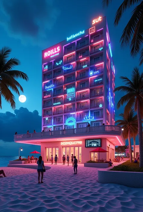 A video game-themed hotel on the Cancun seafront at night 