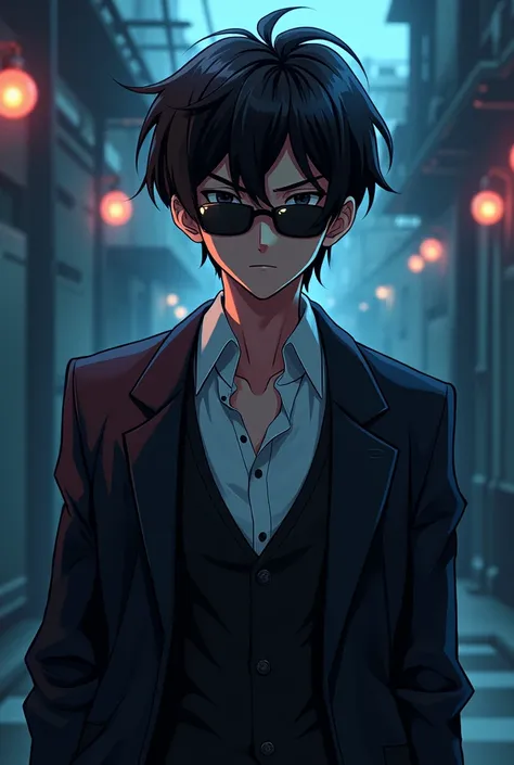 Mafia boy with tinted sunglasses anime. Both shoulders can be seen