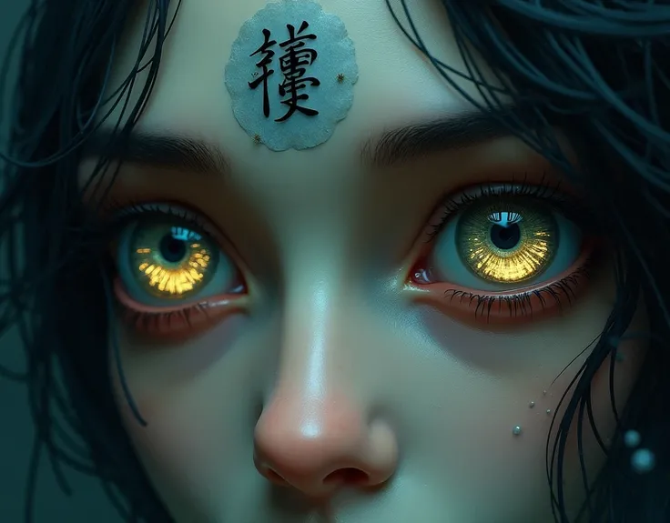 Two eyes, the left eye has the kanji (Winding Jōgen) ((Winding)) ((Superior)) marked in the pupil of the left eye, the right eye has the Kanji (Wu Go ) ((Wu)) ((5)) marked in the pupil of the right eye