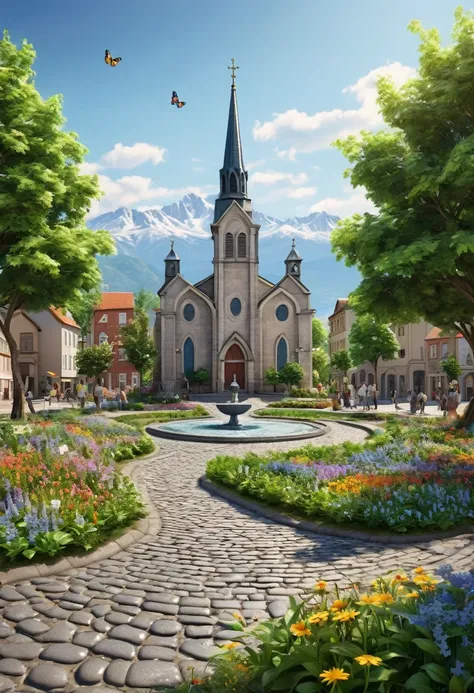 Create a very realistic landscape. A peaceful city in the distance. In front of the church there is a bean-shaped fountain. The streets are cobblestone. Around there are trees and distant mountains. Everything is seen from afar and blurred. There is a cobb...