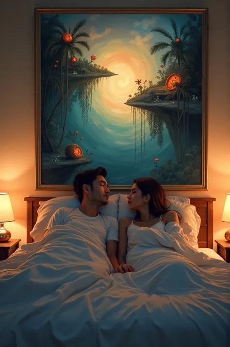 People lying on a bed with a painting
