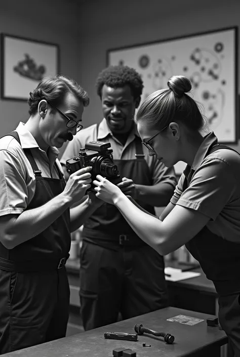 Realistic black and white photography. 
antique style, 80s.
containing 3 mechanics in a workshop, looking at the author of the photo.
Ao fundo da foto, there are mechanical drawings hanging on the wall.
One of the mechanics has a mustache and wears round g...