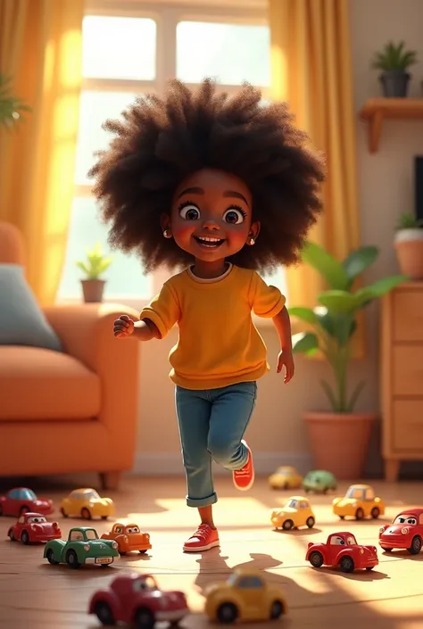 Create an image of a  black girl with Afro hair running and playing in the living room with toy cars. 