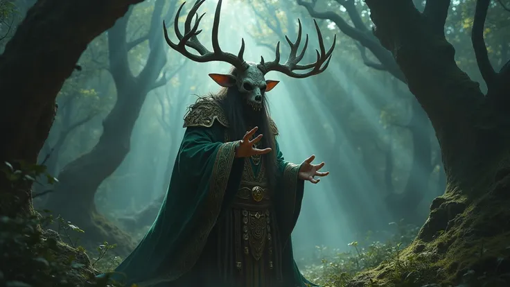 a goblin shaman wearing deer skull headdress, ornate shaman robes, detailed intricate patterns, mystical ritual, dark forest background, moody lighting, cinematic composition, highly detailed, 8k, photorealistic, digital painting