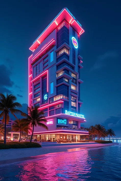 A video game-themed hotel on the seafront of Cancun at night with lights