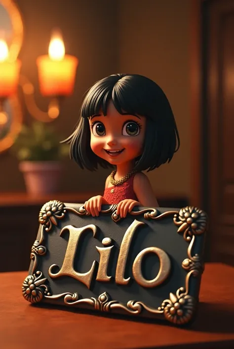 1girl, Lilo and Stitch, Geraldine identification plate, highly detailed, intricate engraved metal plate, unique vintage style, warm lighting, photorealistic, 8K, cinematic, masterpiece