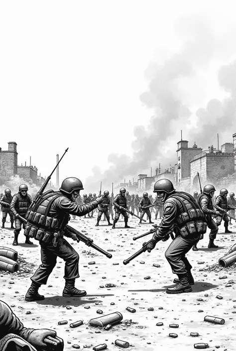 A drawing where soldiers are fighting in the war simple drawing