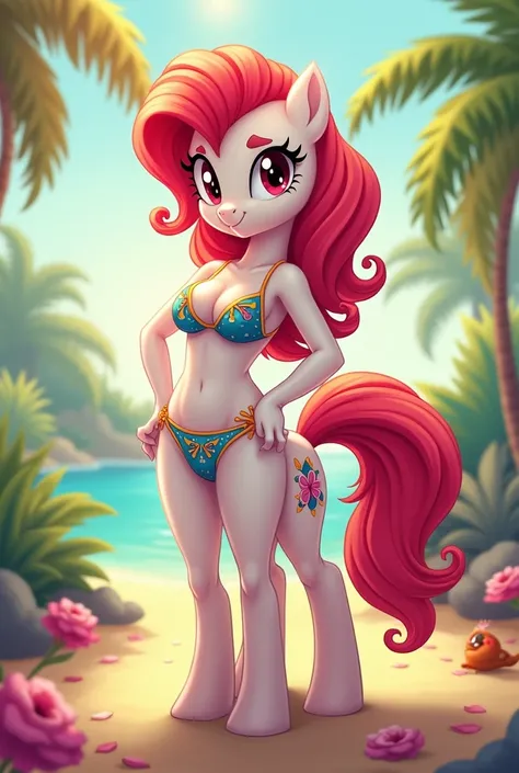 My Little Pony, (Anthro), Bikini, very colourful picture, sun rails, big butt, cute style, big breasts, white body, long curly red hair, red eyes, (self-confident and cool pose), serious pony, realistic eyes