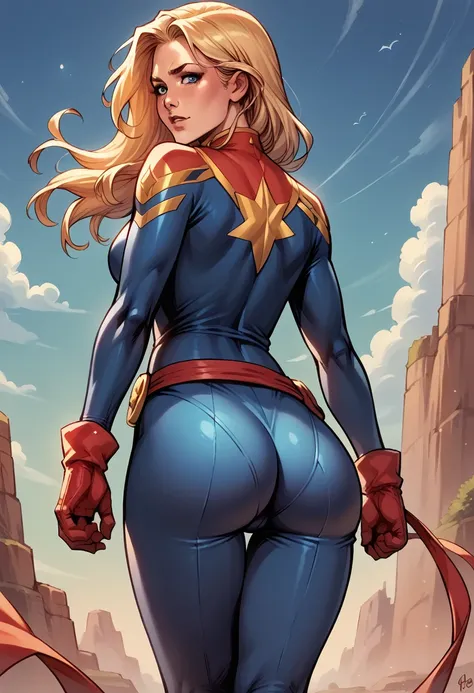 score_9, score_8_up, score_7_up, BREAK, score_9, carol_danvers, blonde hair, short hair, blue eyes, bodysuit, star logo, red gloves, red belt, long hair, looking at viewer, cowboy shot, ass, from behind, sky