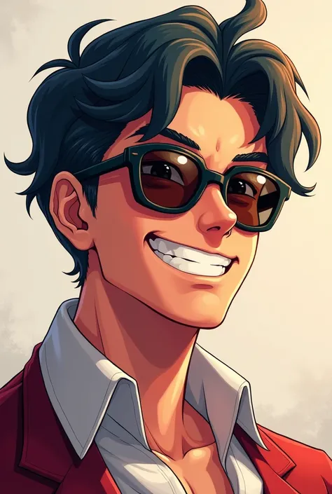 Mafia boy with sunglasses anime. Both shoulders can be seen. Happy. Sunglasses are tinted