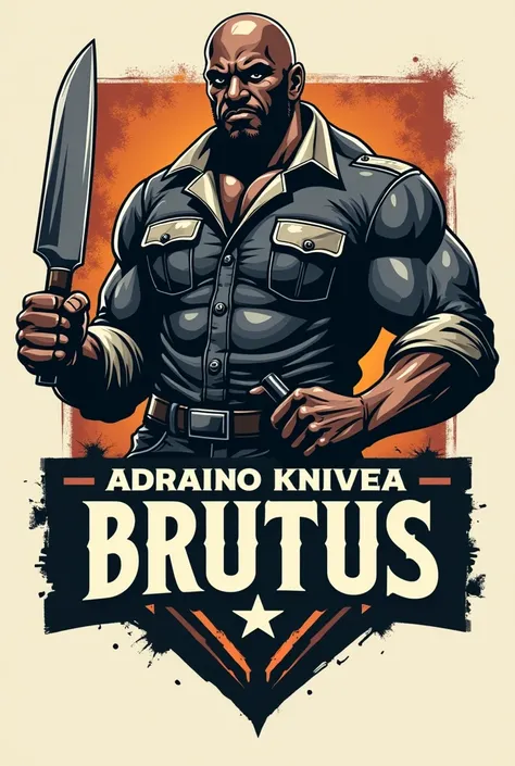 Make a large logo in the shape of an anvil, clearly writing the phrase in Portuguese, Adriano rough knives , with a bald black man who doesn&#39;t have a beard and is strong, wearing a uniform or jeans holding a knife in one hand and a hammer in the other