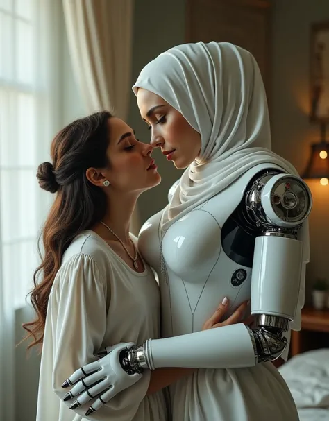 mommy robot wearing hijab, big breasts, white body, robot arms, playing with teenager on the bedroom and wearing glove latex