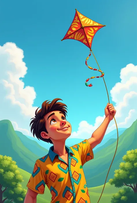 A brown guy with slightly droopy eyes,brown eyes and hair, with big cheeks .Flying a kite with the Brazilian shirt 
 