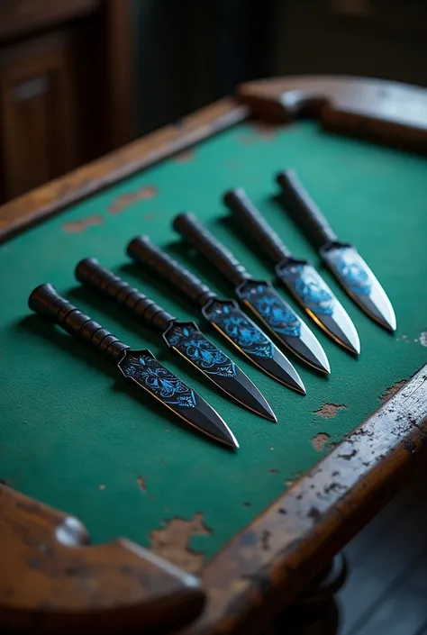 A set of rogue throwing knives on a poker table. The handle is wrapped in black leather and the blade is black steel with blue flourishes.