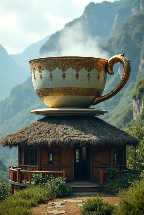 A huge tea cup on the roof of the jhupadi name chiya cuti