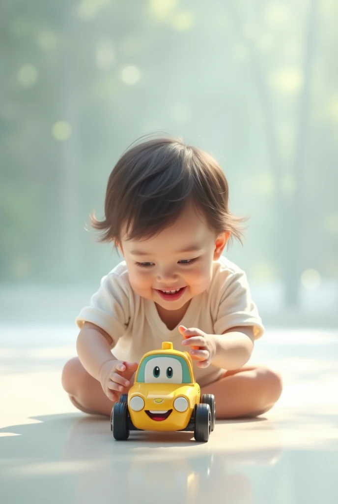 a child playing with a car with a transparent background 
