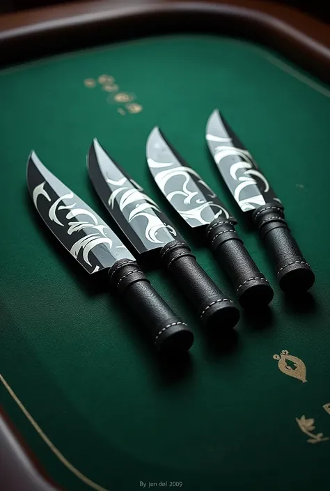 A set of rogue throwing knives on a poker table. The handle is wrapped in black leather and the blade is black steel with white flourishes.