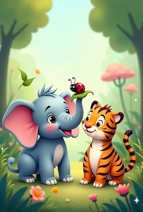 Create a cartoon image of an elephant accompanied by a tiger and a ladybug 
