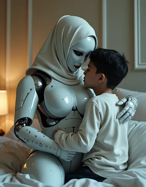 mommy robot wearing hijab, big breasts, white body, robot arms, playing with teenage boy on the bedroom and wearing glove latex