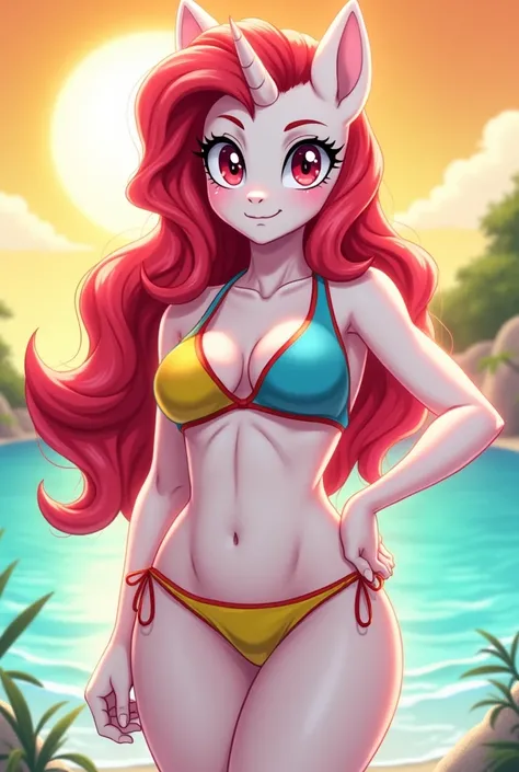 My Little Pony, (Anthro with pony head), Bikini, very colourful picture, sun rails, big butt, cute style, big breasts, white body, long curly red hair, red eyes, (self-confident and cool pose), anime eyes, wet panties on pussy area 