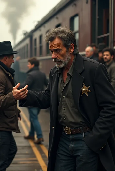 A man drops a sheriff&#39;s badge from his coat as people help him off a train  